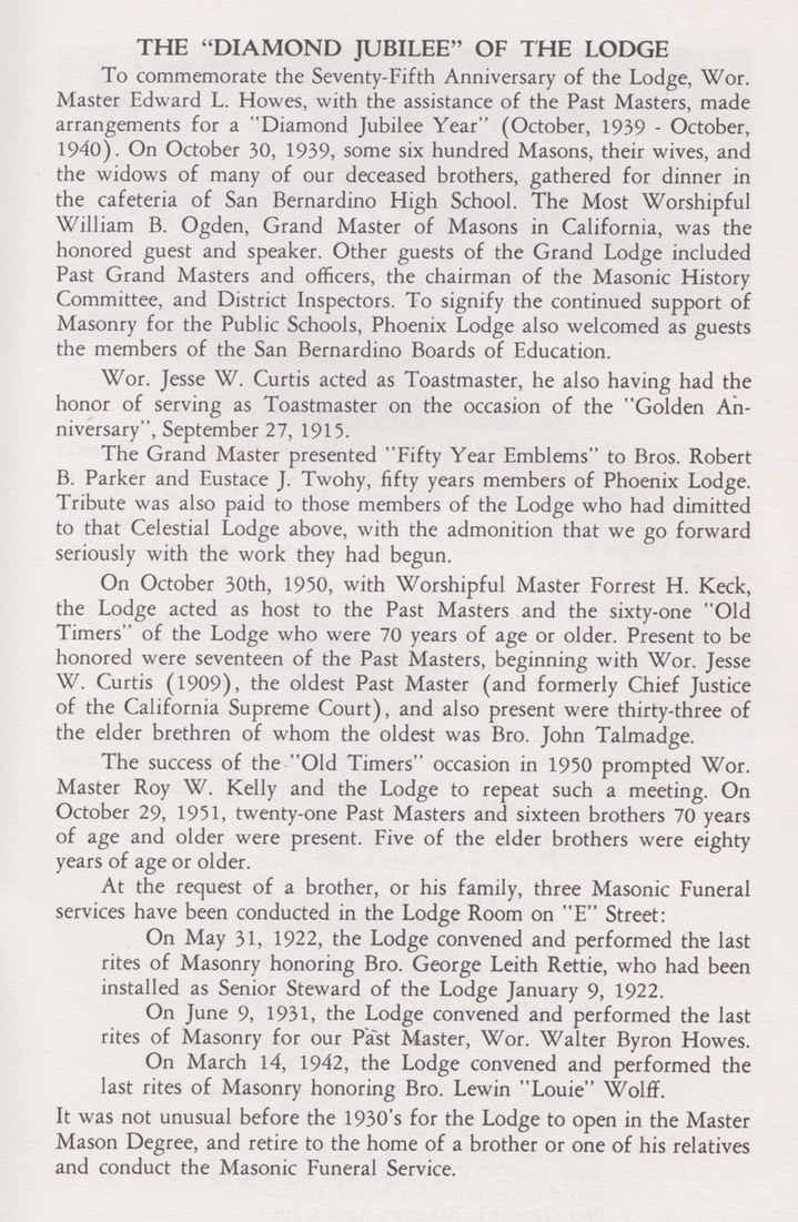 Phoenix Lodge 178  100 years of Freemasonry October 20, 1865-1965 San Bernardino California 14