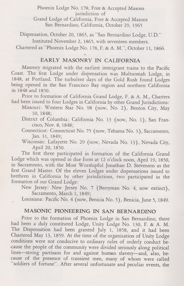 Phoenix Lodge 178  100 years of Freemasonry October 20, 1865-1965 San Bernardino California 3