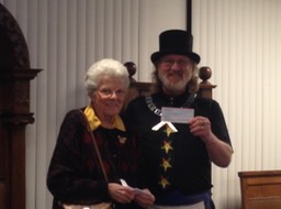Worshipful Mark Stilt thanking Mrs Gresham for her generous donation to our Lodge.